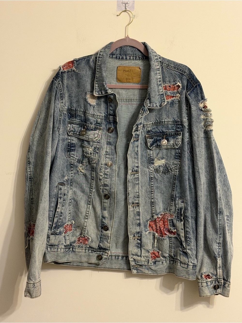 Rue21 Light Blue Distressed Denim Jacket with Red Patch Accents - Picture 3 of 4